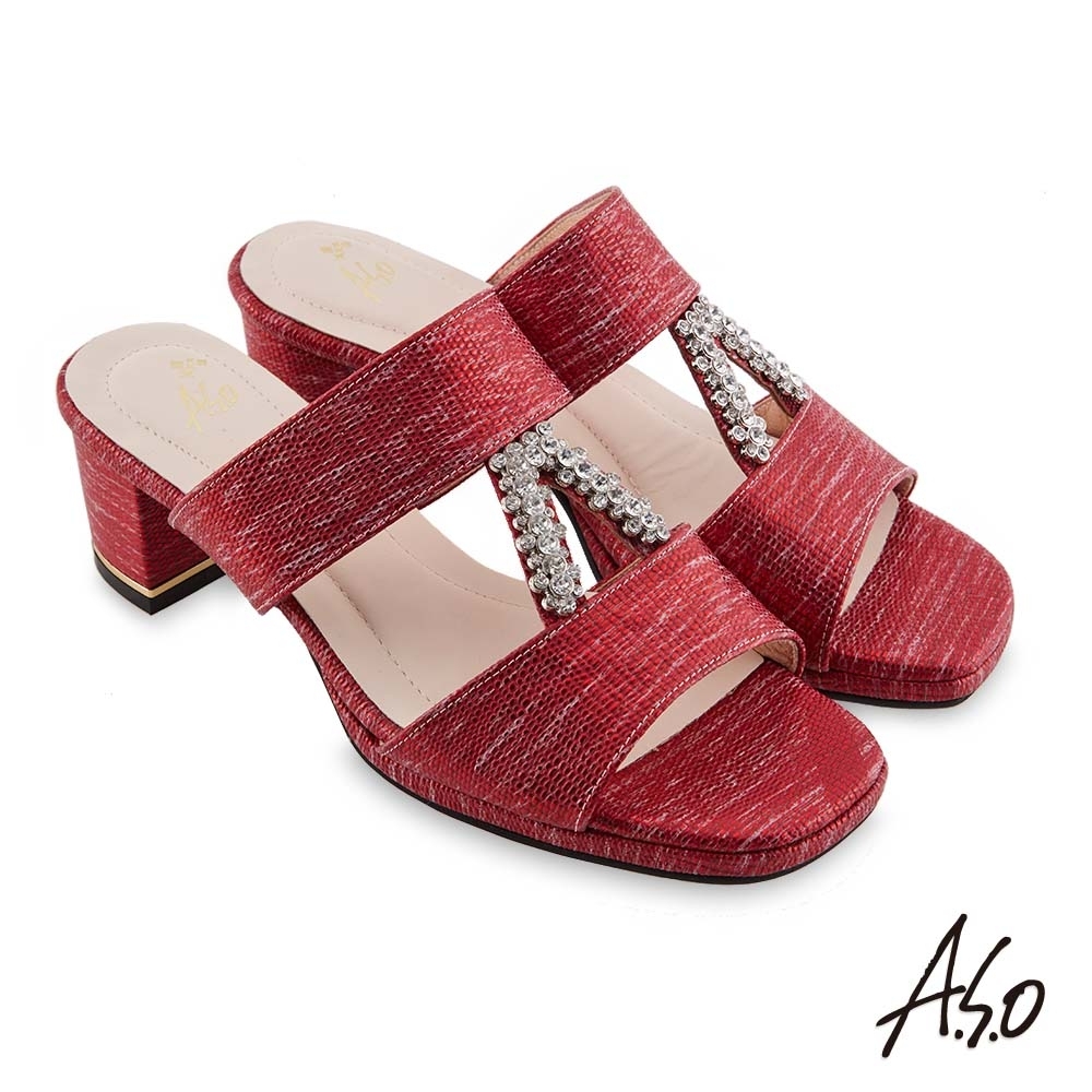A.S.O 時尚流行 摩登時尚金屬質感粗跟涼鞋-紅