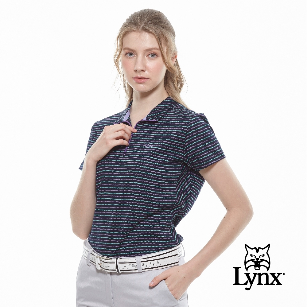 【Lynx Golf】女款純棉雙絲光緹花橫條點點短袖立領POLO衫-深藍色