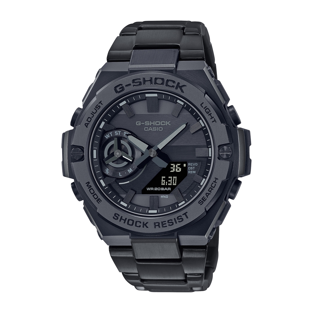 CASIO卡西歐 G-SHOCK 藍牙 太陽能電力 碳纖維核心防護 極致黑 強悍輕薄 GST-B500BD-1A_48.9mm