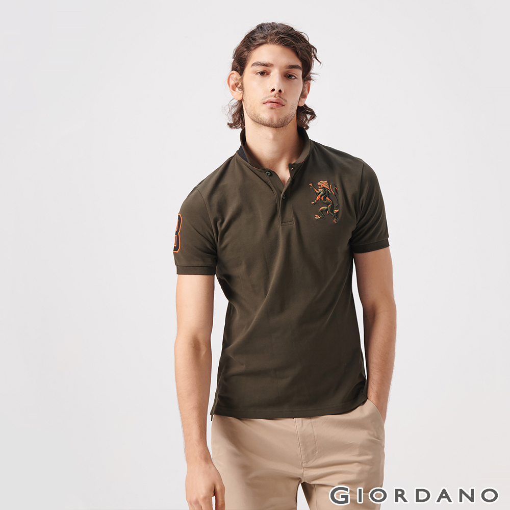 Giordano 男裝勝利獅王漸層刺繡彈力萊卡polo衫 33 深橄欖綠 Polo衫 Yahoo奇摩購物中心