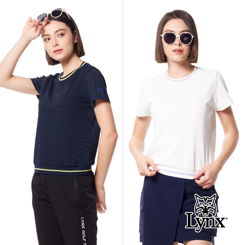 【Lynx Golf】首爾高桿風格！女款日本進口素材彈性舒適格紋跳色羅紋造型山貓膠標短袖圓領POLO衫/高爾夫球衫(二色)