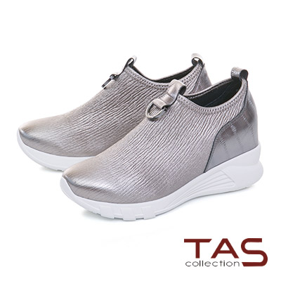 TAS金屬馬蹄扣飾彈力牛皮內增高休閒鞋–金屬灰