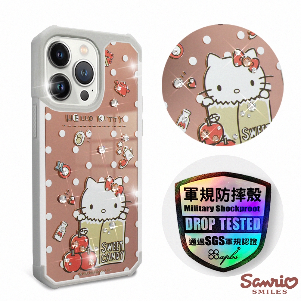 三麗鷗 Kitty iPhone 13 Pro 6.1吋軍規防摔鏡面水晶彩鑽手機殼-蘋果凱蒂