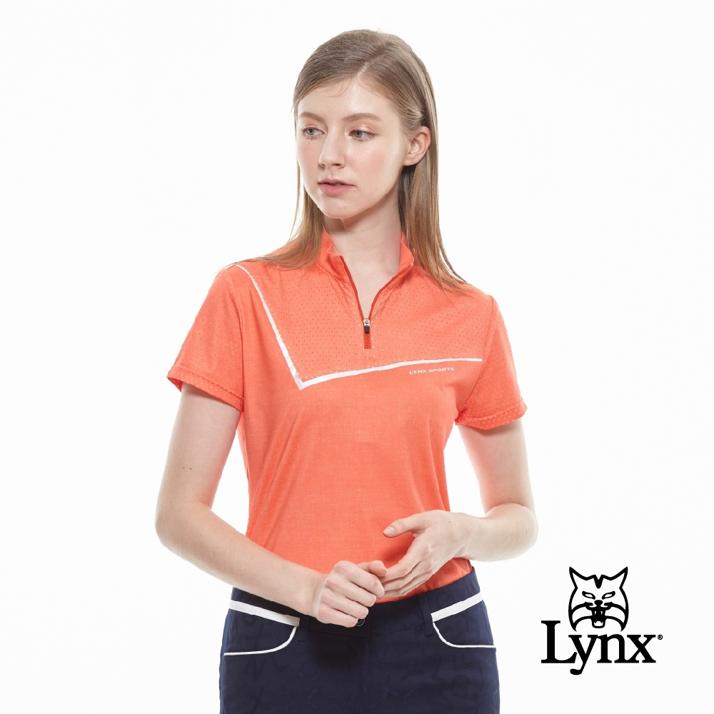 【Lynx Golf】女款吸濕排汗牛仔單寧紋路短袖立領POLO衫-橘色