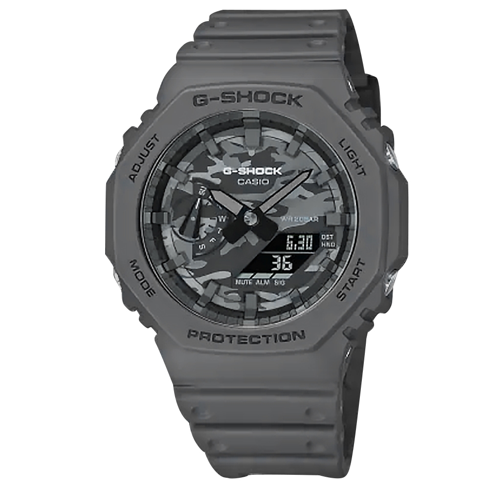 G-SHOCK CASIO 卡西歐 軍事風格 八角型 雙顯 防水200米 橡膠手錶-迷彩灰x深灰/45mm