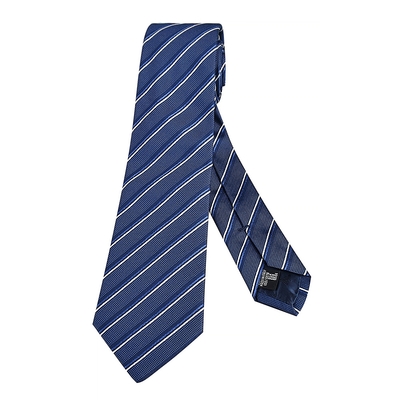 EMPORIO ARMANI標籤LOGO斜條紋設計搭配老鷹緹花內裡真絲領帶(寬版/寶藍)