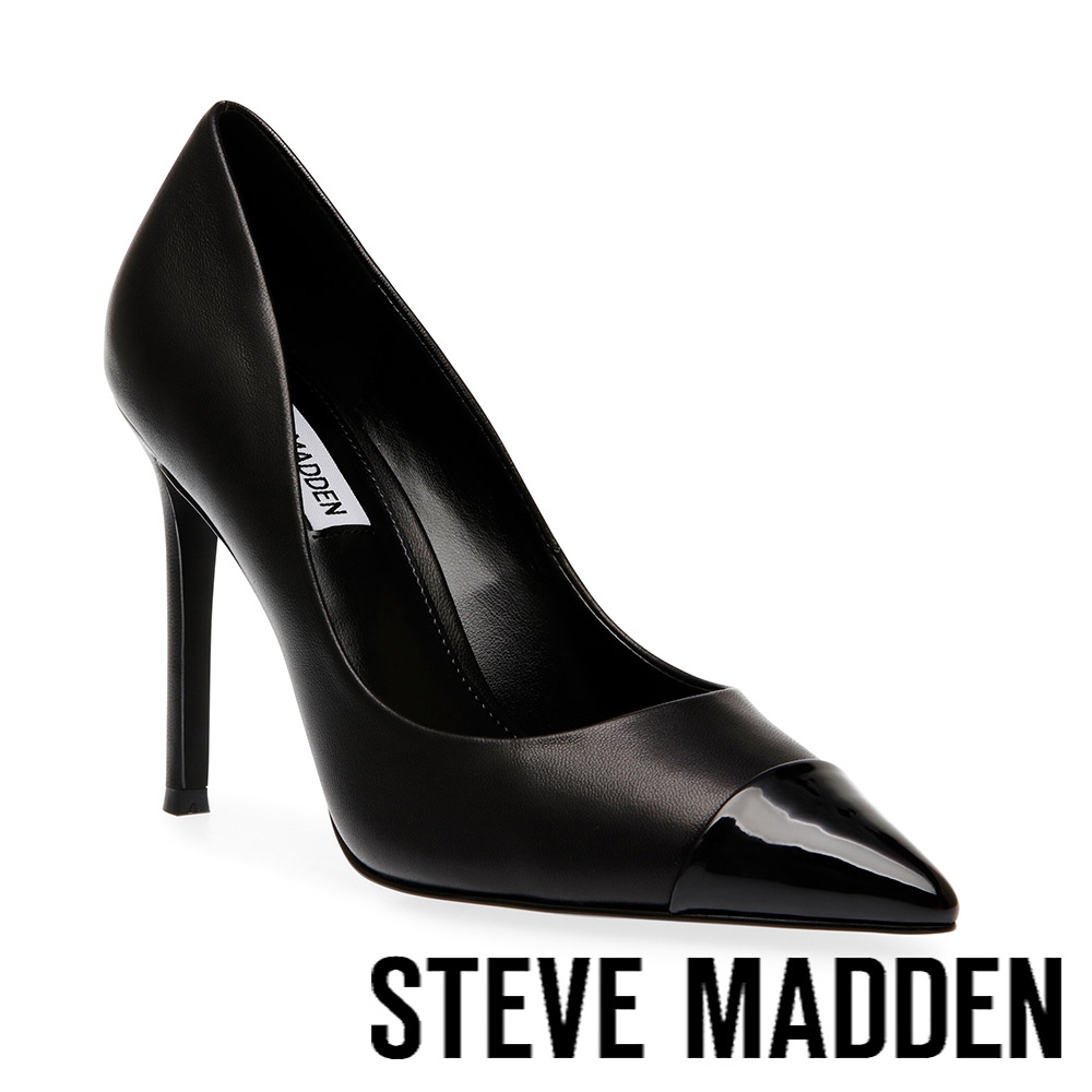 STEVE MADDEN-EVELYN-C 皮革拼接尖頭高跟鞋-黑色