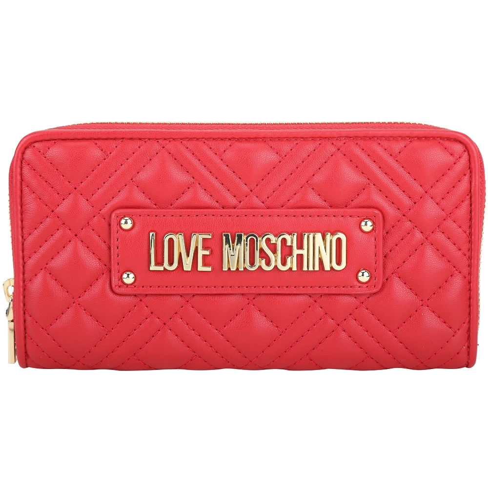 LOVE MOSCHINO 金色字母菱格皮革拉鍊長夾(紅色)