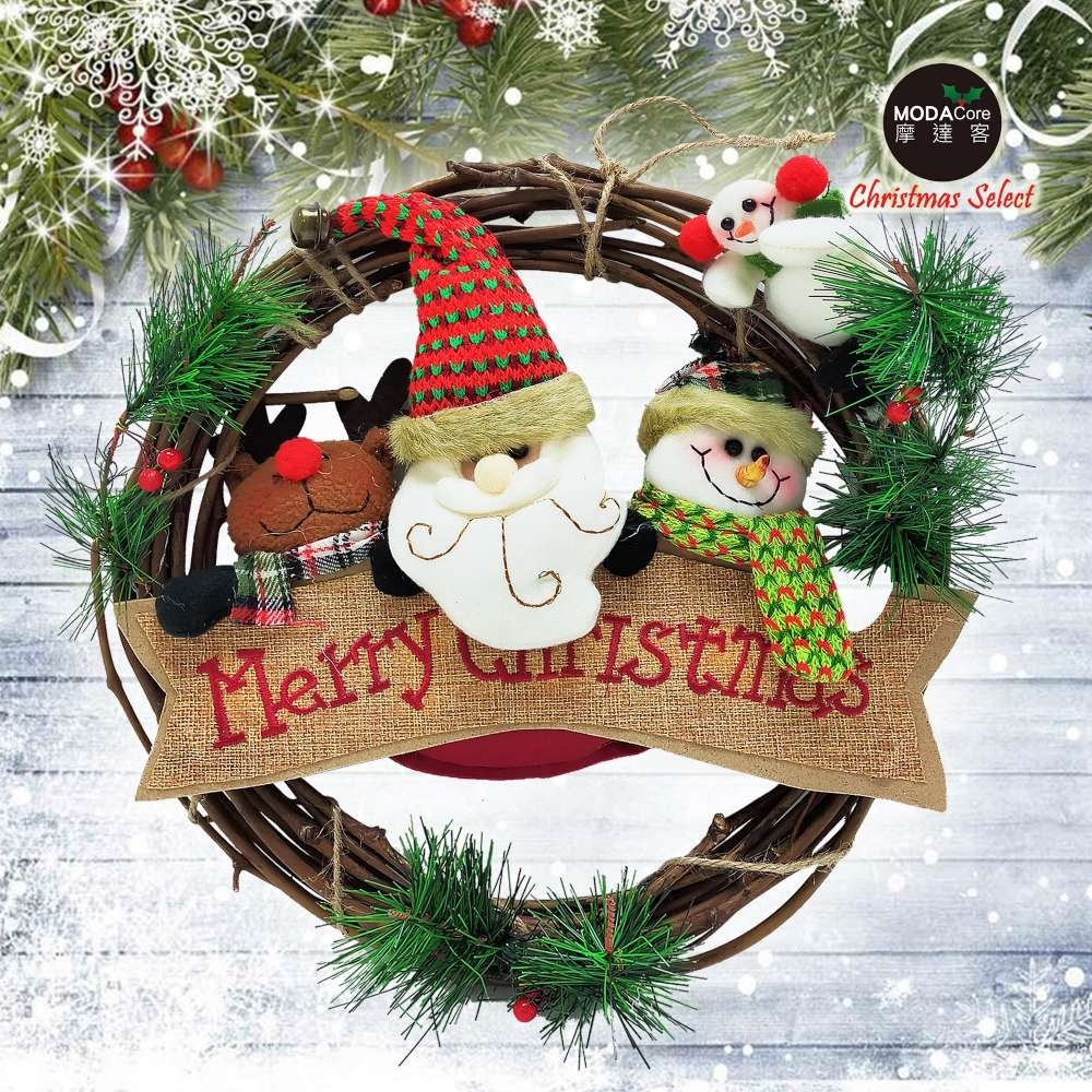 摩達客耶誕-13吋聖誕老人雪人麋鹿麻布樹藤花圈(免組裝)