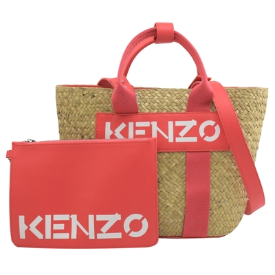 kenzo 經典英文logo特殊草編材質手提斜背兩用托特包(桃邊)