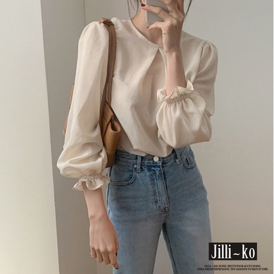 JILLI-KO 韓國chic風通勤寬鬆時尚圓領百搭泡泡袖上衣- 杏色