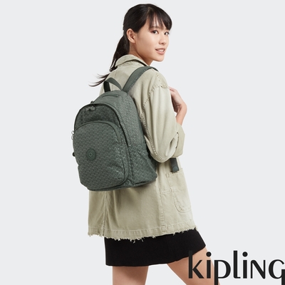 Kipling 軍綠老花格紋上方拉鍊後背包-DELIA