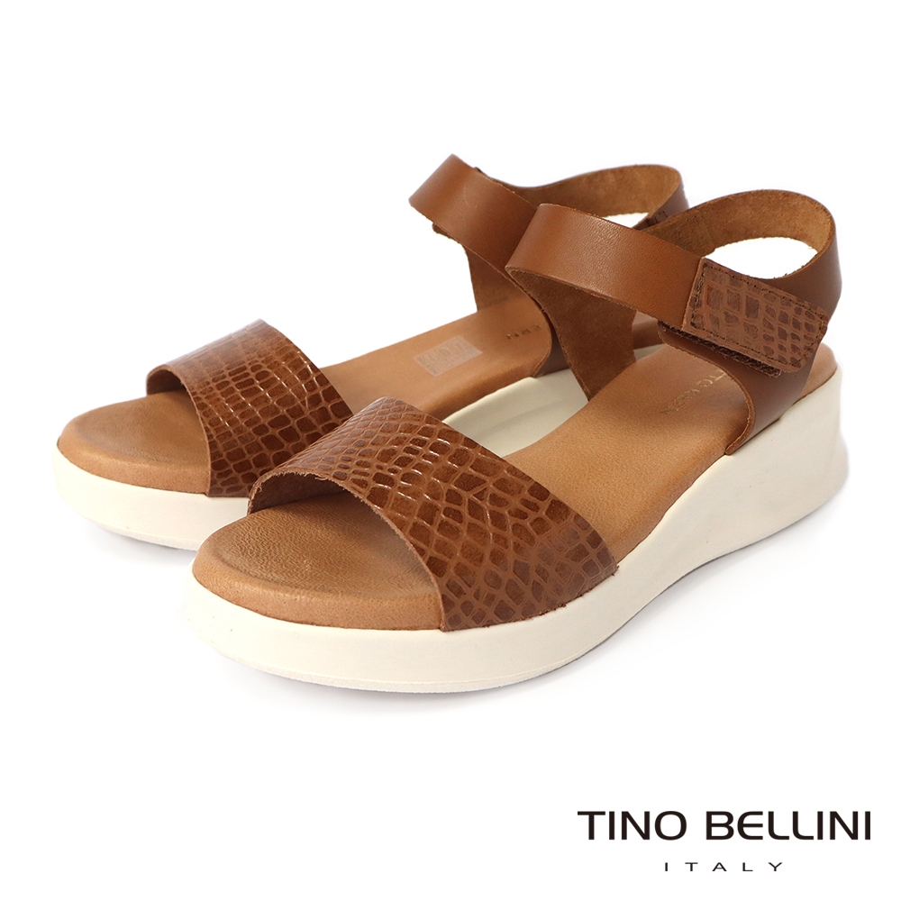 Tino Bellini 西班牙進口牛皮紋理壓紋厚底增高涼鞋-棕