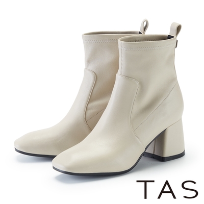 TAS 百搭顯瘦彈力羊皮粗高跟襪靴 米白