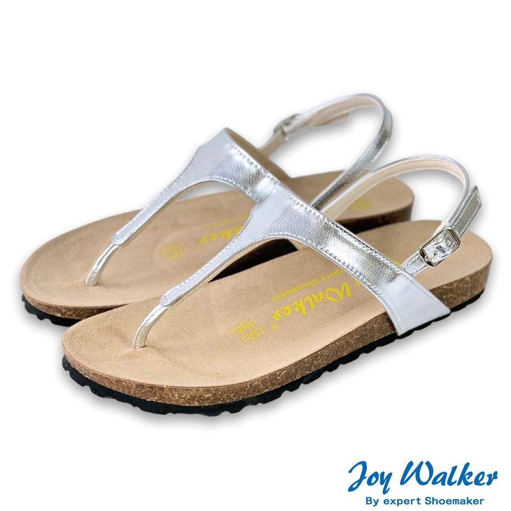 Joy Walker 簡約T型人字 露趾 夾腳 軟木涼鞋 銀色 圓頭 素面平底 合成皮革 繞踝 休閒舒適 柔軟鞋墊 1581P