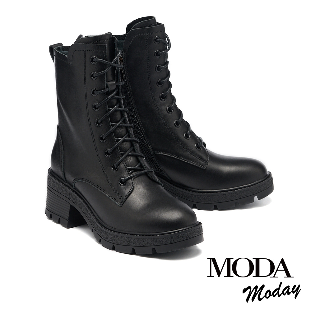 短靴 MODA MODAY 日常百搭拼接剪裁全真皮綁帶高跟短靴－黑