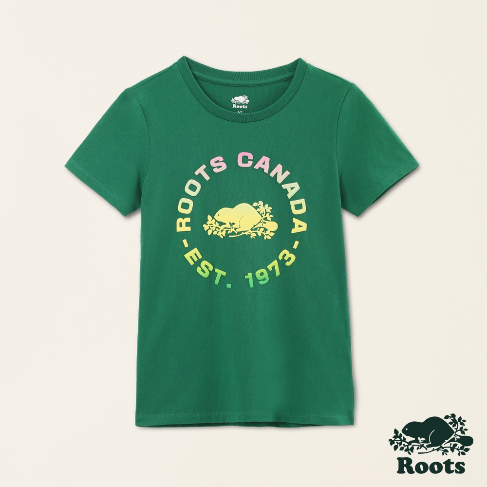 Roots女裝-城市旅者系列 漸層海狸LOGO修身純棉短袖T恤-綠色