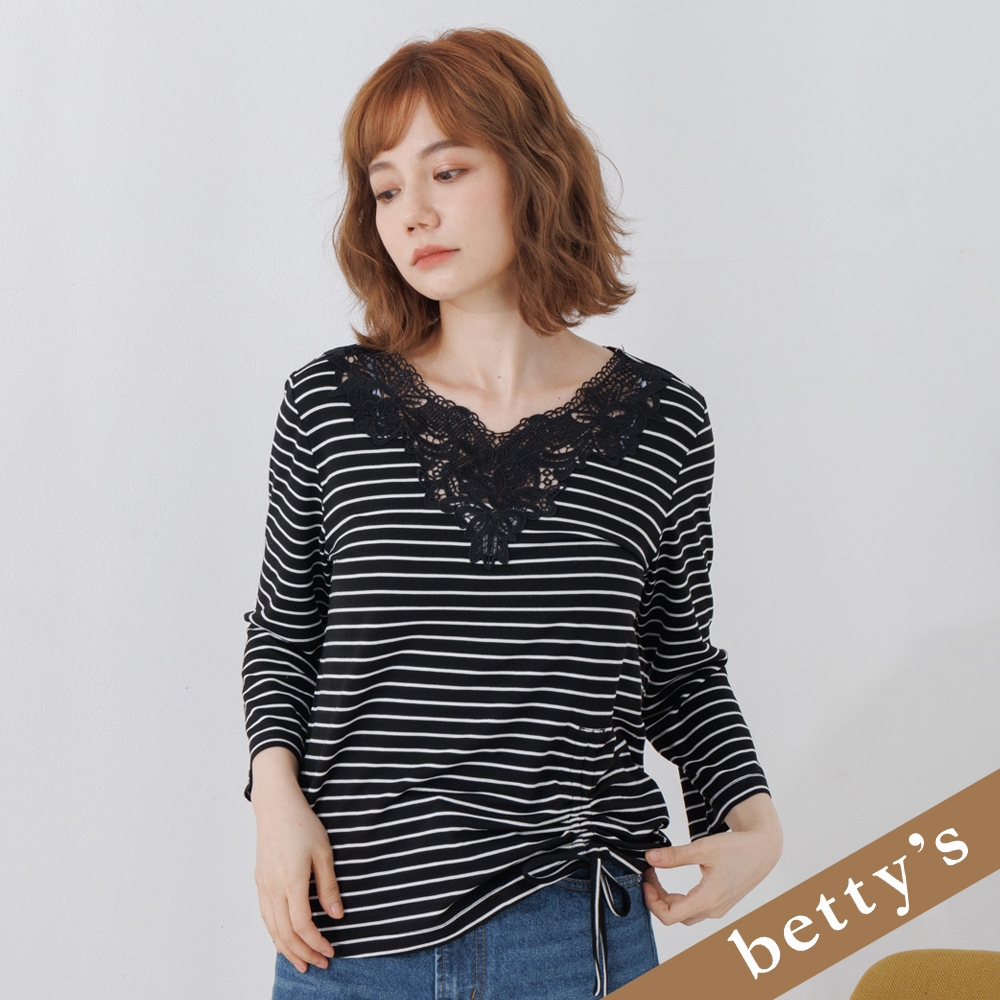 betty’s貝蒂思　蕾絲拼接細條紋V領長袖T-shirt(黑色) (黑色)