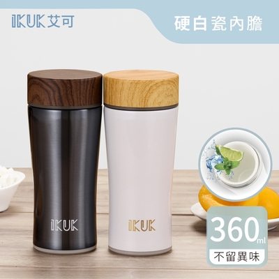 【IKUK 艾可】 真陶瓷保溫杯-木簡約旋蓋陶瓷杯360ml(運動登山杯/環保隨行杯/口袋杯/陶瓷保溫瓶/咖啡保溫杯)