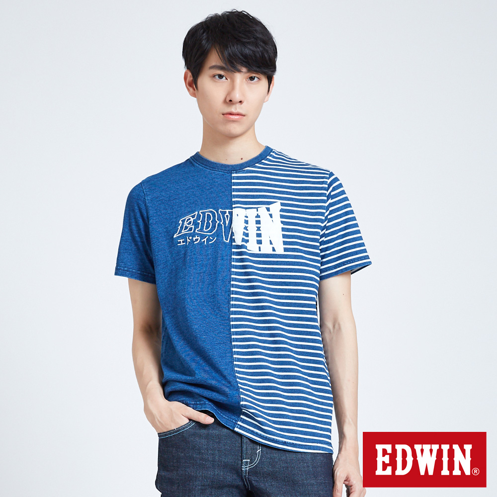 EDWIN 築地系列INDIGO拼接短袖T恤-男-拔洗藍