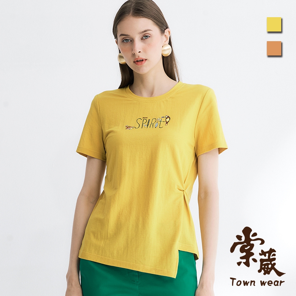 【TOWNWEAR棠葳】涼感印字不對稱抓褶上衣 2色(中大尺碼/女上衣/短袖/圓領/印圖)