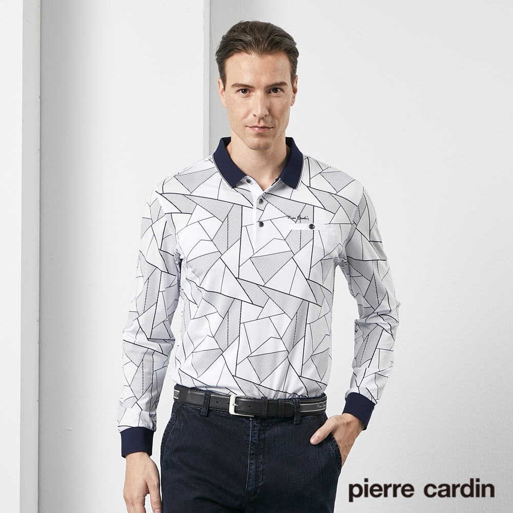 Pierre Cardin皮爾卡登 男款 印花長袖POLO衫-白色(5205261-90)