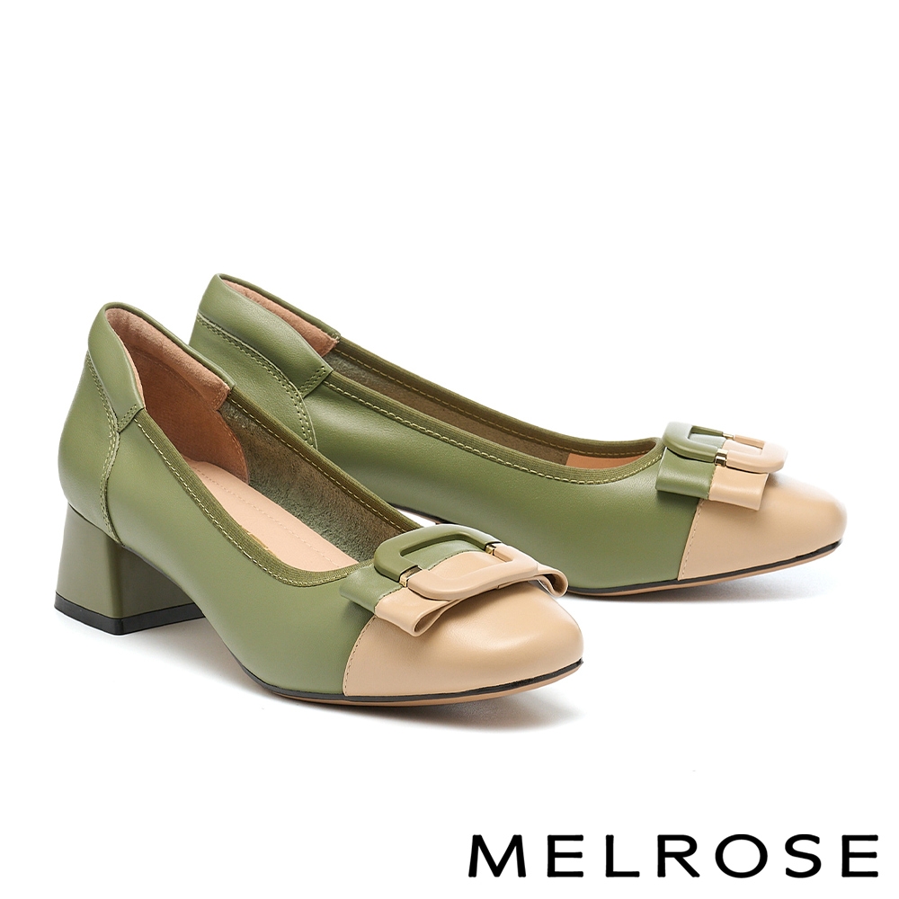 高跟鞋 MELROSE 美樂斯 雲朵後跟 時尚品味撞色方釦鞋花全真皮方頭高跟鞋－綠