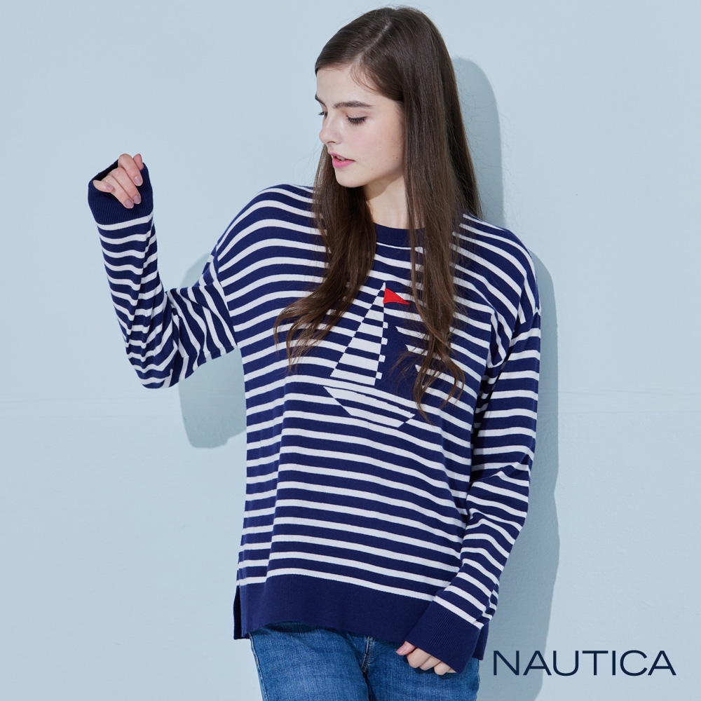 Nautica 女裝 帆船圖騰條紋針織衫-深藍