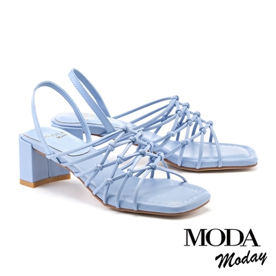 涼鞋 MODA MODAY 簡約交叉線條羊皮方頭粗跟涼鞋－藍