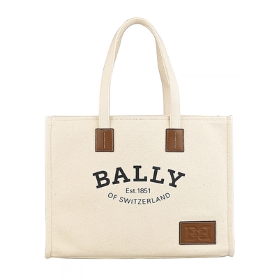 BALLY Crystalia英文印字LOGO柔軟帆布B字皮標設計吸釦肩背托特包(大/自然白)