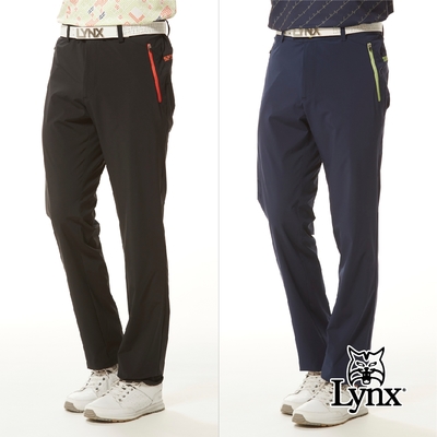 【Lynx Golf】男款防潑水四面彈性山貓雷射沖孔造型後腰印花剪接拉鍊口袋平口休閒長褲(二色)