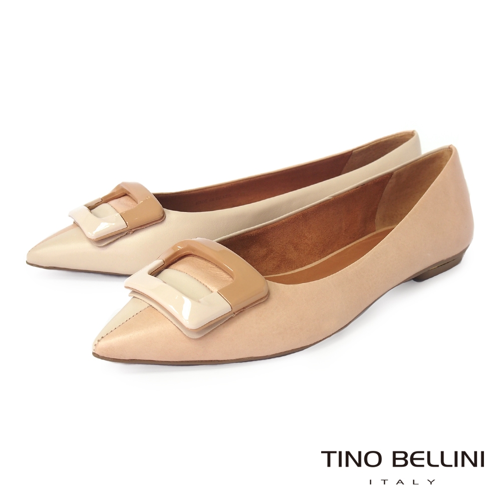 Tino Bellini 巴西進口法式優雅雙色拼接方飾尖頭平底鞋-米