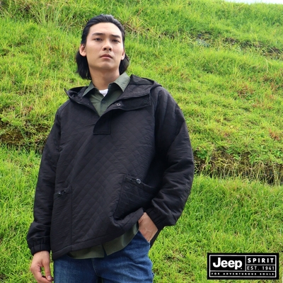 JEEP 男裝 菱紋工裝連帽衝鋒外套-黑色