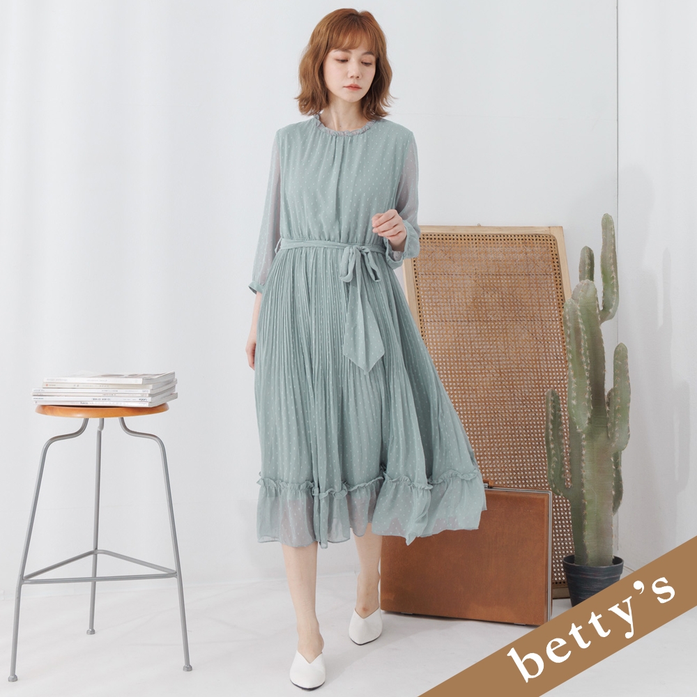 betty’s貝蒂思　雪紡點點荷葉小立領壓褶腰帶洋裝(湖水綠色)