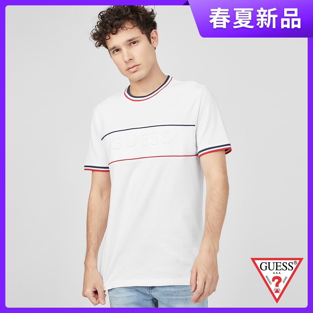 GUESS-男裝-簡約橫紋浮雕LOGO短T-白 原價1690