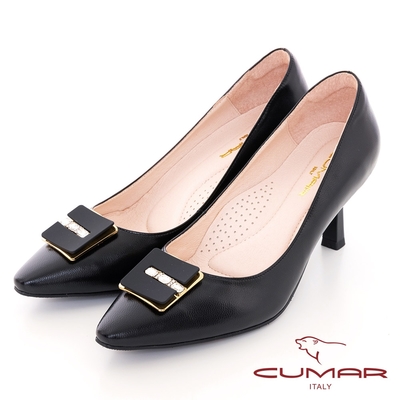 【CUMAR】尖頭方型飾釦高跟鞋-黑