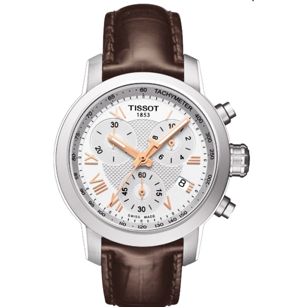 TISSOT 天梭 官方授權 PRC 200 ladies 唯美時尚計時腕錶-銀x咖啡/35mm T0552171603302