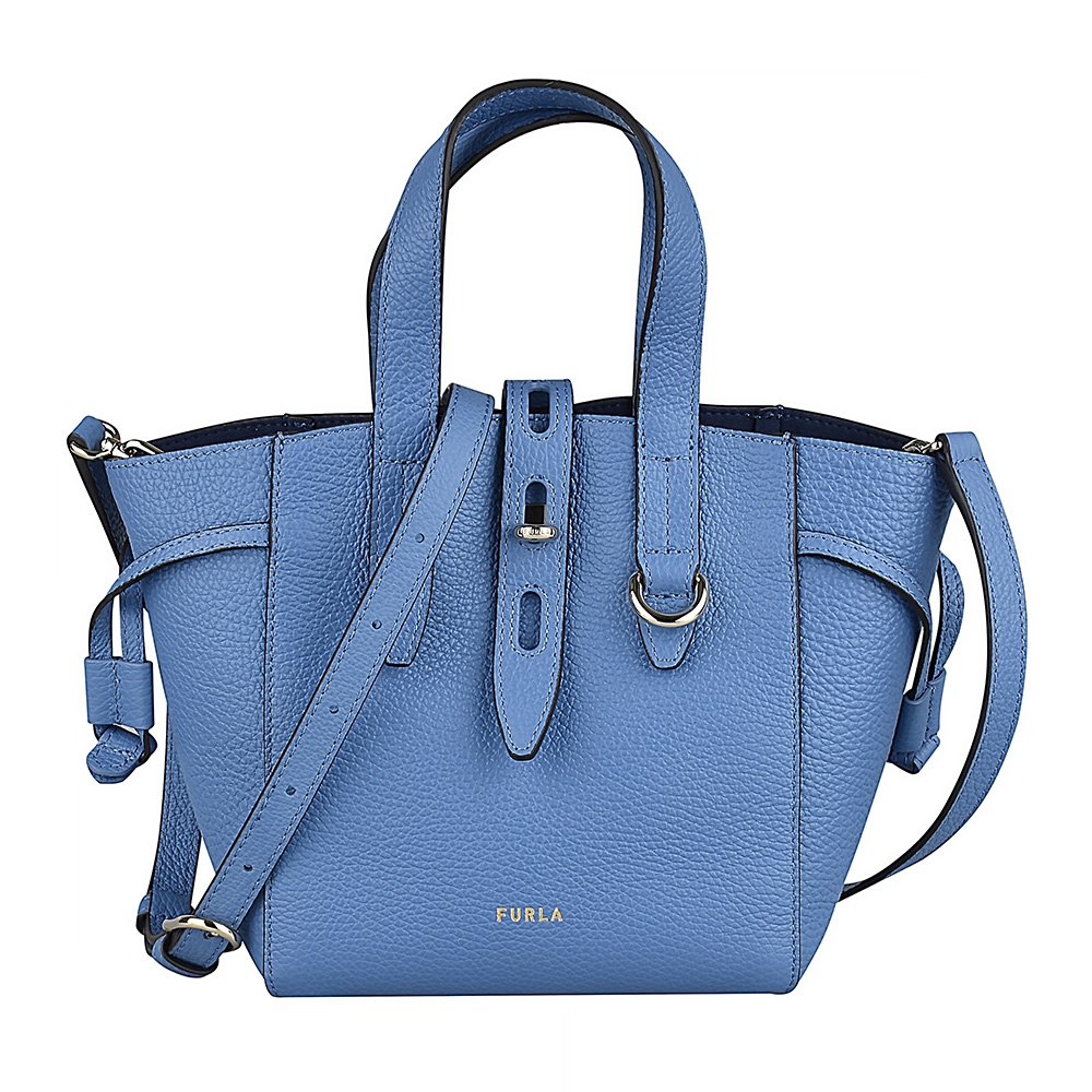 FURLA NET燙金LOGO荔枝紋小牛皮釦式手提斜背托特包(迷你/海洋藍)