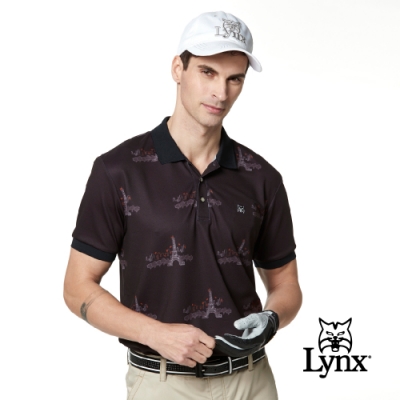 【Lynx Golf】男款吸汗速乾羅紋領設計巴黎鐵塔印花山貓LOGO短袖POLO衫-黑色