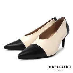 Tino Bellini 巴西進口雙色拼接牛皮尖頭深口跟鞋-黑白