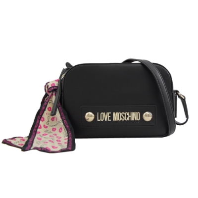 MOSCHINO LOVE系列金屬LOGO絲巾拉鍊斜背包(黑)