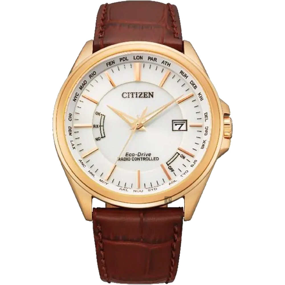 CITIZEN 星辰 GENT'S 五局電波日期顯示牛皮錶通路限定-咖啡 43.3mm(CB0253-19A)