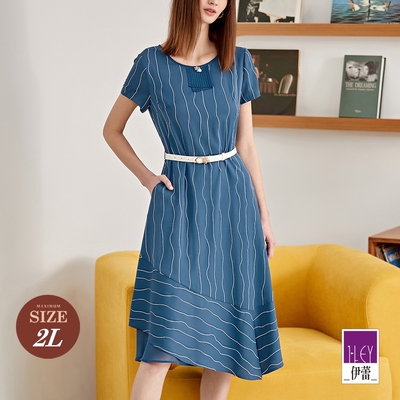 ILEY伊蕾 線條壓褶領結斜切裙擺長洋裝(藍色；M-2L)1232067460