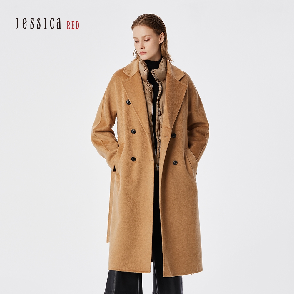 JESSICA RED - 經典水波紋雙面呢寬鬆長羊毛大衣外套（駝色）
