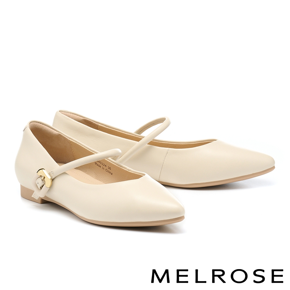 低跟鞋 MELROSE 美樂斯 氣質純色全真皮瑪莉珍尖頭低跟鞋－米白