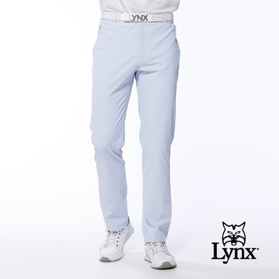 【Lynx Golf】男款日本進口布料拉鍊口袋設計後袋配布剪接平口休閒長褲-淺藍色