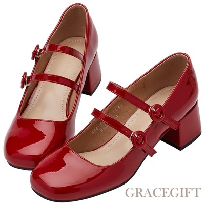 【Grace Gift】甜美圓釦雙帶中跟瑪莉珍鞋 紅漆