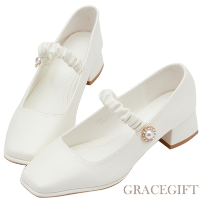 【Grace Gift】雲朵珍珠繫帶中跟瑪莉珍鞋 白