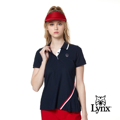 【Lynx Golf】Korea 女款星星圖案配色領片短袖POLO衫-深藍色