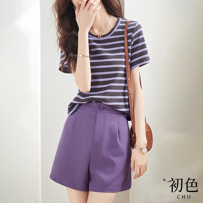 初色 休閒圓領條紋短袖T恤上衣素色高腰短褲套裝-紫色-67841(M-2XL可選)
